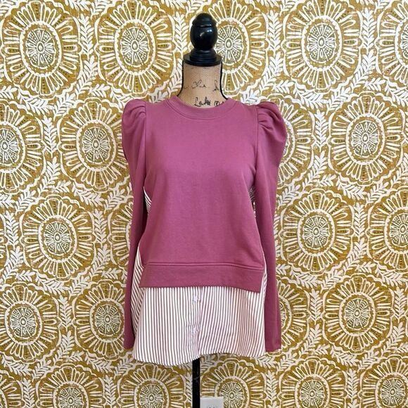 Anthropologie Maeve Puff Sleeve Twofer Layered Tunic Sweatshirt Pink Combo Sz S - Picture 6 of 12